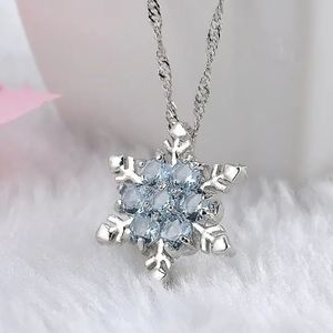 Elegant Silver & Blue Crystal Snowflake Flower Necklace